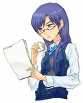  argyle argyle_sweater_vest bad_id bad_pixiv_id bespectacled blue_hair blue_neckwear chewing eating food glasses holding idolmaster idolmaster_(classic) juu_(juuzi) kisaragi_chihaya long_hair necktie plaid plaid_neckwear reading sandwich shirt simple_background solo upper_body vest white_background 