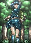 backpack bag belt bike_shorts blue_eyes blue_hair boots breasts dappled_sunlight forest grass hair_bobbles hair_ornament hat highres hullzion kawashiro_nitori key medium_breasts midriff nature open_mouth shirt shorts shorts_under_skirt skirt skirt_set sleeves_folded_up smile solo sunlight touhou two_side_up 