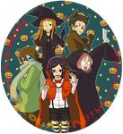  3girls ;) animal_costume animal_ears bangs beads black_hair black_hat black_shorts bow bowtie brown_hair capelet cloak crossed_arms fangs fujiwara_isami glasses gotou_yuu green_scarf halloween hands_up hasebe_ai hat hood hood_up kaminogi_haruka long_hair long_sleeves looking_at_viewer looking_down looking_to_the_side medium_hair mukai_miho multiple_boys multiple_girls noein one_eye_closed opaque_glasses parted_bangs pink_hair pumpkin_background red_bow red_neckwear scarf shirt shorts sleeves_past_fingers sleeves_past_wrists smile striped striped_legwear suspender_shorts suspenders thighhighs uhoho_(nano-pico) wand white_shirt witch_hat wolf_costume 
