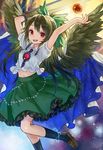  album_cover ama-tou arm_cannon arms_up bird_wings black_hair black_wings cover energy_ball hair_bun looking_at_viewer midriff navel open_mouth puffy_sleeves red_eyes reiuji_utsuho shirt short_sleeves skirt smile solo third_eye touhou weapon wings 