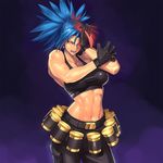  big_hair blue_hair breasts highres large_breasts leona_heidern looking_at_viewer muscle muscular_female navel ogami red_eyes saliva solo tank_top the_king_of_fighters the_king_of_fighters_xiii 