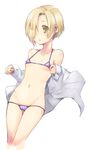  bad_id bad_pixiv_id bags_under_eyes bare_shoulders bikini blonde_hair blush breasts earrings hair_over_one_eye idolmaster idolmaster_cinderella_girls jewelry looking_at_viewer lowleg lowleg_bikini micro_bikini navel open_clothes open_mouth open_shirt paopao shirasaka_koume shirt short_hair small_breasts solo swimsuit yellow_eyes 