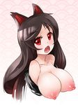  animal_ears bare_shoulders blush breasts breasts_outside brown_hair fang imaizumi_kagerou large_breasts long_hair looking_at_viewer naik nipples off_shoulder open_mouth red_eyes simple_background solo touhou upper_body wolf_ears 
