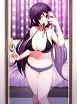  bikini bikini_in_mouth black_bikini blush breasts card cellphone cleavage curtains frilled_bikini frills green_eyes large_breasts long_hair looking_at_viewer love_live! love_live!_school_idol_project low_twintails mirror mouth_hold navel phone polka_dot purple_hair reflection scrunchie self_shot smile solo swimsuit tarot torigoe_takumi toujou_nozomi twintails very_long_hair 