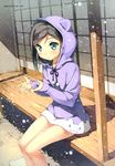  absurdres animal_hood bare_legs black_hair blue_eyes cat_hood hair_ornament hairclip hentai_ouji_to_warawanai_neko. highres hood hoodie kantoku pom_pom_(clothes) scan sitting snow snowing solo tsutsukakushi_tsukiko 