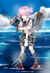  bad_id bad_pixiv_id bike_shorts blue_eyes bra cannon cloud damaged day full_body gloves green_bra hair_ornament kantai_collection kubyou_azami neck_ribbon ocean on_water outdoors pink_hair pleated_skirt ponytail red_ribbon ribbon school_uniform shiranui_(kantai_collection) shirt short_hair short_sleeves skirt solo torn_clothes torpedo turret underwear vest water white_gloves 