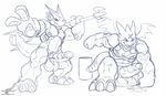  anthro balls biceps big_balls big_penis digimon erection growth gumdramon male monochrome muscles nude penis plain_background precum shoutmon weapon wolfblade 