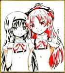  akemi_homura black_eyes black_hair border bow hair_bow hairband lieass long_hair looking_at_viewer mahou_shoujo_madoka_magica multiple_girls playing_with_hair ponytail red_eyes red_hair sakura_kyouko school_uniform simple_background smile v white_background 