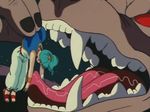  80s animated animated_gif blue_hair bulma dragon_ball dragonball eyes_closed fangs jewelry lifting monster muscle night oozaru ponytail red_eyes saliva sandals sleeping tongue unconscious vest vore 