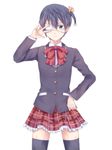  :&lt; bad_id bad_pixiv_id black_hair black_legwear blue_eyes chuunibyou_demo_koi_ga_shitai! company_connection cosplay crossdressing eyepatch free! highres kyoto_animation male_focus nanase_haruka_(free!) one_side_up plaid plaid_skirt sakurachiharu school_uniform skirt solo takanashi_rikka takanashi_rikka_(cosplay) thighhighs v_over_eye zettai_ryouiki 