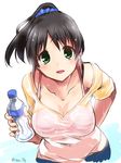  bad_id bad_pixiv_id bikini black_hair blush bottle breasts cleavage green_eyes harada_miyo highres idolmaster idolmaster_cinderella_girls large_breasts leaning_forward long_hair looking_at_viewer open_mouth paopao ponytail see-through shirt smile solo striped striped_bikini striped_swimsuit swimsuit twitter_username wet wet_clothes 