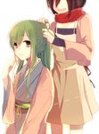  alternate_costume bad_id bad_pixiv_id black_hair green_hair japanese_clothes kagerou_project kido_tsubomi kimono long_hair multiple_girls obi red_eyes red_scarf sash scarf smile tateyama_ayano yamori_shiki yukata 