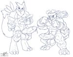  abs animal_genitalia anthro balls biceps big_penis canine_penis claws cum cum_string digimon erection fur gaomon growth knot leaking male monochrome muscles nipples nude pecs penis plain_background precum renamon sheath thick_penis toe_claws wolfblade 