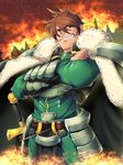 armor brown_hair cape fire gauntlets koflif male_focus rance rance_(series) red_eyes solo sword weapon 