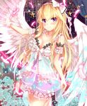  bangs bare_shoulders barefoot blonde_hair blush bow breasts cleavage collarbone cross dress feathers flower frilled_dress frills glowing_feather hair_bow hairband lace lace-trimmed_dress leg_up lolita_hairband long_hair looking_at_viewer md5_mismatch medium_breasts multicolored multicolored_eyes original outstretched_arm pink_scrunchie scrunchie shiny shiny_skin smile solo sparkle star takanashi_kei_(hitsujikan) white_bow wings wrist_scrunchie 