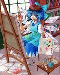  apron art_brush ascot beret blue_eyes blue_hair book bookshelf bow brush canvas_(object) cirno cup curtains dress easel hair_bow hand_up hat indoors kabaji looking_away messy mouth_hold oil_painting_(medium) paint paintbrush painting palette puffy_short_sleeves puffy_sleeves short_hair short_sleeves sitting slippers socks solo touhou traditional_media window wings 