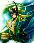  between_breasts blonde_hair breasts brown_eyes center_opening gem headpiece jewelry large_breasts league_of_legends looking_at_viewer mermaid monster_girl nami_(league_of_legends) necklace solo waterring 