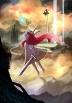  :o barefoot castle child_of_light_(game) cloud crown floating_island flying full_body highres holding igniculus long_hair mashiro_kiichi outdoors pink_hair princess_aurora profile short_sleeves silhouette sword weapon wings 
