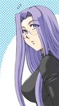  b-river breasts fate/hollow_ataraxia fate_(series) glasses large_breasts long_hair looking_at_viewer looking_back open_mouth polka_dot purple_eyes purple_hair rider solo surprised sweater turtleneck 