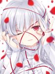  long_hair looking_at_viewer one_eye_closed original petals red_eyes red_string rose_petals silver_hair solo string yuku_(kiollion) 