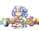  blush chinese_clothes double_bun egg gold_egg_(p&amp;d) haku_(p&amp;d) highres puzzle_&amp;_dragons rena_(riries) silver_hair solo tail tiger_tail wavy_mouth yellow_eyes 