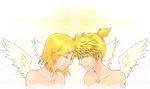  1girl angel_wings blonde_hair brother_and_sister collarbone face-to-face forehead-to-forehead hair_ornament hairclip kagamine_len kagamine_rin koz nude siblings smile twins vocaloid wings 