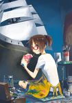  apron bad_id bad_pixiv_id brown_eyes brown_hair campbell's drinking drinking_straw glasses kusakabe_(kusakabeworks) looking_at_viewer original paint_on_face paintbrush painting painting_(object) red-framed_eyewear short_ponytail 