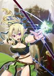  2girls arrow belt blonde_hair boots bow_(weapon) bracelet breasts bridal_gauntlets circlet cleavage cross elf gloves golem green_hair jewelry large_breasts long_hair mage midriff multiple_boys multiple_girls open_mouth original panties pelvic_curtain pointy_ears ponytail pouch priest purple_eyes quiver robe sandals shorts single_glove skirt staff string_panties sword tomomimi_shimon underwear vest weapon white_panties 