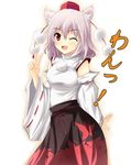  animal_ears bad_id bad_pixiv_id bare_shoulders blush breasts detached_sleeves fang hat highres inubashiri_momiji kounosuke_(embellir) looking_at_viewer medium_breasts one_eye_closed open_mouth pom_pom_(clothes) red_eyes shirt short_hair silver_hair skirt smile solo tokin_hat touhou translation_request v white_shirt wolf_ears 
