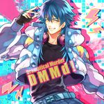  bad_id bad_pixiv_id belt blue_hair blue_jacket dramatical_murder fingerless_gloves gloves headphones jacket male_focus namekaho seragaki_aoba solo studded_belt yellow_eyes 