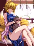  alternate_costume animal_ears blonde_hair breasts cat cat_teaser chen chen_(cat) china_dress chinese_clothes crossed_legs dress fox_ears fox_tail hat highres large_breasts legs looking_at_viewer moneti_(daifuku) multiple_tails no_panties short_hair sitting smile solo tail thighs touhou yakumo_ran yellow_eyes 