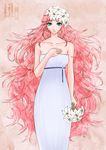  aqua_eyes dress flower hand_on_own_chest highres holding koz lily_(flower) long_hair looking_at_viewer megurine_luka pink_hair solo strapless strapless_dress very_long_hair vocaloid white_dress 