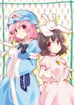  :&lt; animal animal_ears animal_on_head arm_garter bad_id bad_pixiv_id black_hair blush border bow breast_rest breasts bunny bunny_ears bunny_tail carrot_necklace dress drop_shadow hands_on_hips hat holding holding_animal inaba_tewi japanese_clothes jewelry kapuchii kimono long_sleeves looking_at_viewer medium_breasts mob_cap multiple_girls obi on_head patterned_background pendant pink_dress pink_hair puffy_short_sleeves puffy_sleeves red_eyes saigyouji_yuyuko sash shadow short_hair short_sleeves sideways_glance sleeves_past_wrists small_breasts smile tail touhou triangular_headpiece white_background 
