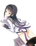  akemi_homura ass banned_artist black_hair black_legwear dutch_angle hairband kissai long_hair looking_back lying magical_girl mahou_shoujo_madoka_magica no_pants on_stomach orange_panties panties pantyhose pantyhose_pull purple_eyes simple_background skirt skirt_removed sleeves_past_wrists solo string_panties striped striped_panties underwear white_background 