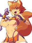  animal_ears antenna_hair bad_id bad_pixiv_id black_panties blazblue breasts brown_hair clenched_hands cowboy_shot fingerless_gloves gloves highleg highleg_panties large_breasts looking_at_viewer makoto_nanaya metata multicolored_hair navel one_eye_closed open_mouth orange_skirt panties revision short_hair simple_background skirt solo squirrel_ears squirrel_tail tail thighhighs underboob underwear weapon white_background 