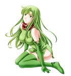  boots breasts elbow_gloves fire_emblem fire_emblem:_monshou_no_nazo fire_emblem:_shin_ankoku_ryuu_to_hikari_no_tsurugi gloves green_eyes green_footwear green_gloves green_hair green_legwear green_skirt headband highres kneeling large_breasts long_hair paola scarf side_slit skirt solo tamamon thigh_boots thighhighs very_long_hair 