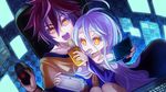  1girl brother_and_sister cuddling feeding game_console handheld_game_console long_hair mikan_(aquacomet) mouse_(computer) nintendo_3ds no_game_no_life open_mouth playstation_vita screen shiro_(no_game_no_life) siblings snack sora_(no_game_no_life) yellow_eyes 