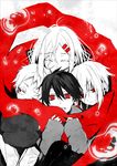  2girls ayano_no_koufuku_riron_(vocaloid) child closed_eyes group_hug hair_ornament hairclip hanada hug kagerou_project kano_shuuya kido_tsubomi long_hair multiple_boys multiple_girls red_eyes red_scarf scarf seto_kousuke short_hair spot_color tateyama_ayano tears younger 