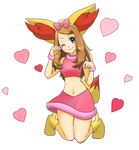  :3 animal_ears blue_eyes boots bow brown_hair cosplay crop_top fake_animal_ears fake_tail fennekin fennekin_(cosplay) gen_6_pokemon hair_bow long_hair midriff mikeko_(neko19920311) navel one_eye_closed pokemon pokemon_(anime) pokemon_(creature) serena_(pokemon) skirt sleeveless solo tail 