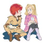  1boy 1girl afro blonde_hair blue_eyes boots brown_eyes cosmo_yuki densetsu_kyojin_ideon eating food kasha_imhof red_hair sandwich sarmatamra sitting twintails 