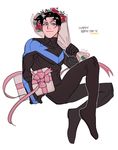  1boy batman_(series) birthday black_hair blue_eyes bodysuit bouquet dc_comics dick_grayson flower gift gloves male male_focus nightwing simple_background solo 