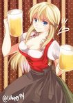  &gt;:) alcohol alternate_costume bad_id bad_pixiv_id beer beer_mug bismarck_(kantai_collection) blonde_hair blue_eyes breasts cleavage cup dirndl german_clothes heart holding holding_cup iroha_(shiki) kantai_collection large_breasts long_hair looking_at_viewer no_hat no_headwear oktoberfest short_sleeves smile solo standing twitter_username v-shaped_eyebrows 