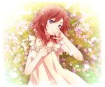 dress field flower flower_field from_above grass hand_on_own_chest hand_to_head light_smile long_hair looking_at_viewer love_live! love_live!_school_idol_project lying nishikino_maki outdoors petals purple_eyes red_hair sleeveless solo yuzucky 