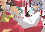  ascot bat_wings black_hair blue_hair blurry bow clenched_hand commentary depth_of_field dress fang goma_(gomasamune) hair_ornament hair_ribbon hair_tubes hakurei_reimu hat hat_bow hat_ribbon head_out_of_frame multiple_girls navel open_mouth parasol red_dress red_eyes remilia_scarlet ribbon short_hair sweatdrop touhou umbrella wings 