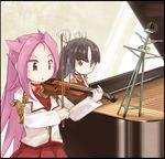  accompaniment black_hair hair_ribbon hiyou_(kantai_collection) instrument japanese_clothes jun'you_(kantai_collection) kantai_collection long_hair multiple_girls music piano playing_instrument playing_piano purple_hair red_eyes ribbon uriah-oyu white_ribbon 