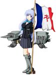  blue_eyes blue_hair boots breasts flag free_french_flag free_french_navy greaves high_heels highres kantai_collection konton_shinpu long_hair medium_breasts military military_uniform original richelieu_(battleship) scarf skirt solo sword turret uniform weapon 