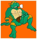  balls cum cum_on_face cum_on_penis cum_on_self erection foreskin_pull green_penis humanoid_penis male michelangelo_(tmnt) monkeysuit penis reptile scalie solo spread_legs spreading teenage_mutant_ninja_turtles turtle uncut vein 