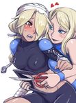  blonde_hair blue_eyes blush bodysuit breasts covered_nipples cutting cutting_clothes goma_tonbi grabbing grabbing_from_behind grin holding holding_scissors large_breasts long_hair metroid midriff multiple_girls naughty_face navel red_eyes samus_aran scissors sheik smile super_smash_bros. sweatdrop the_legend_of_zelda the_legend_of_zelda:_ocarina_of_time tomboy torn_bodysuit torn_clothes turban yuri 