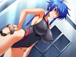  antenna_hair armpits bangs black_swimsuit blue_hair breasts competition_swimsuit covered_navel covered_nipples cowboy_shot dutch_angle flipped_hair game_cg goggles goggles_removed hand_on_hip headwear_removed highleg highleg_swimsuit holding impossible_clothes impossible_swimsuit kagami_hirotaka kiryuu_kaede kyouiku_shidou large_breasts light_rays long_hair looking_afar low_ponytail one-piece_swimsuit parted_lips ponytail purple_eyes shiny shiny_clothes sideboob skin_tight solo standing sunbeam sunlight swim_cap swim_cap_removed swimsuit wet window 