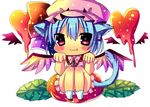  animal_ears bad_id bad_pixiv_id bat_wings blue_hair blush cat_ears cat_tail chibi chocolat_(momoiro_piano) dress fang hat hat_ribbon heart mob_cap paw_pose pink_dress pink_eyes remilia_scarlet ribbon sitting smile solo tail touhou wings 